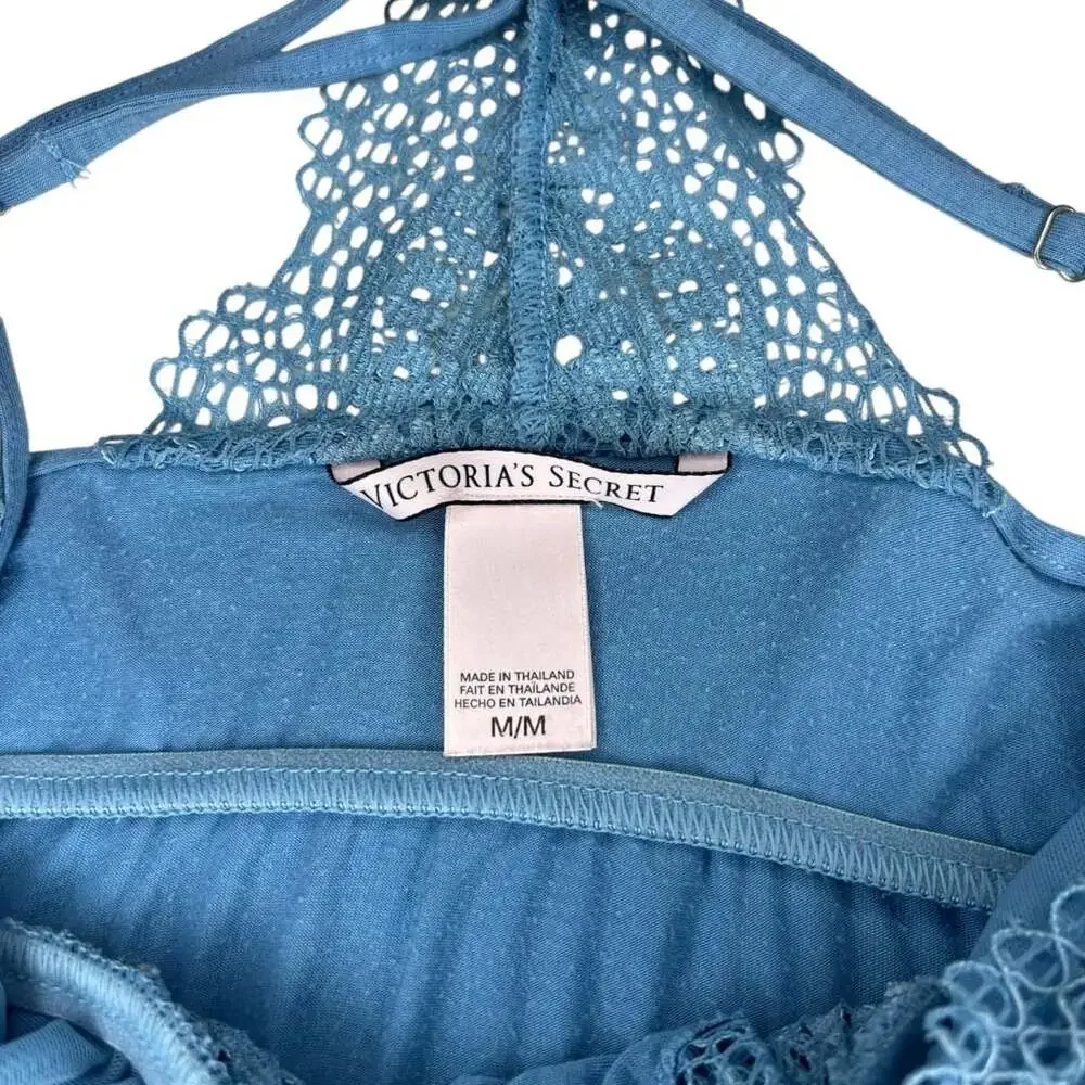 Victoria's Secret Lace Trim T-Back Baby Blue Babydoll Slip Nightgown